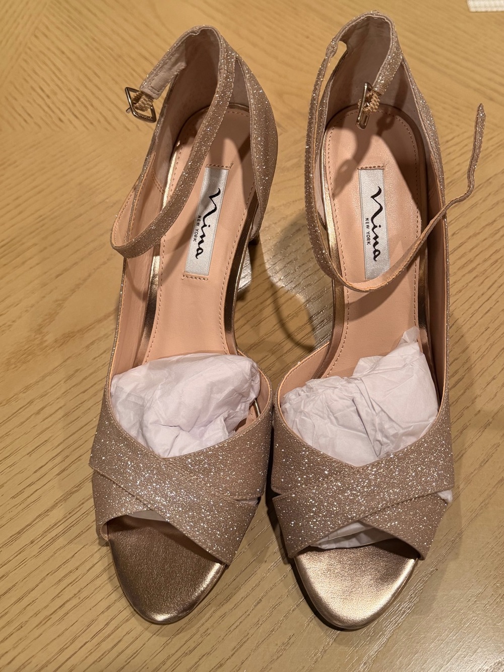 Nina NY Rose Gold Glitter Platform Peep Toe Stiletto Heels